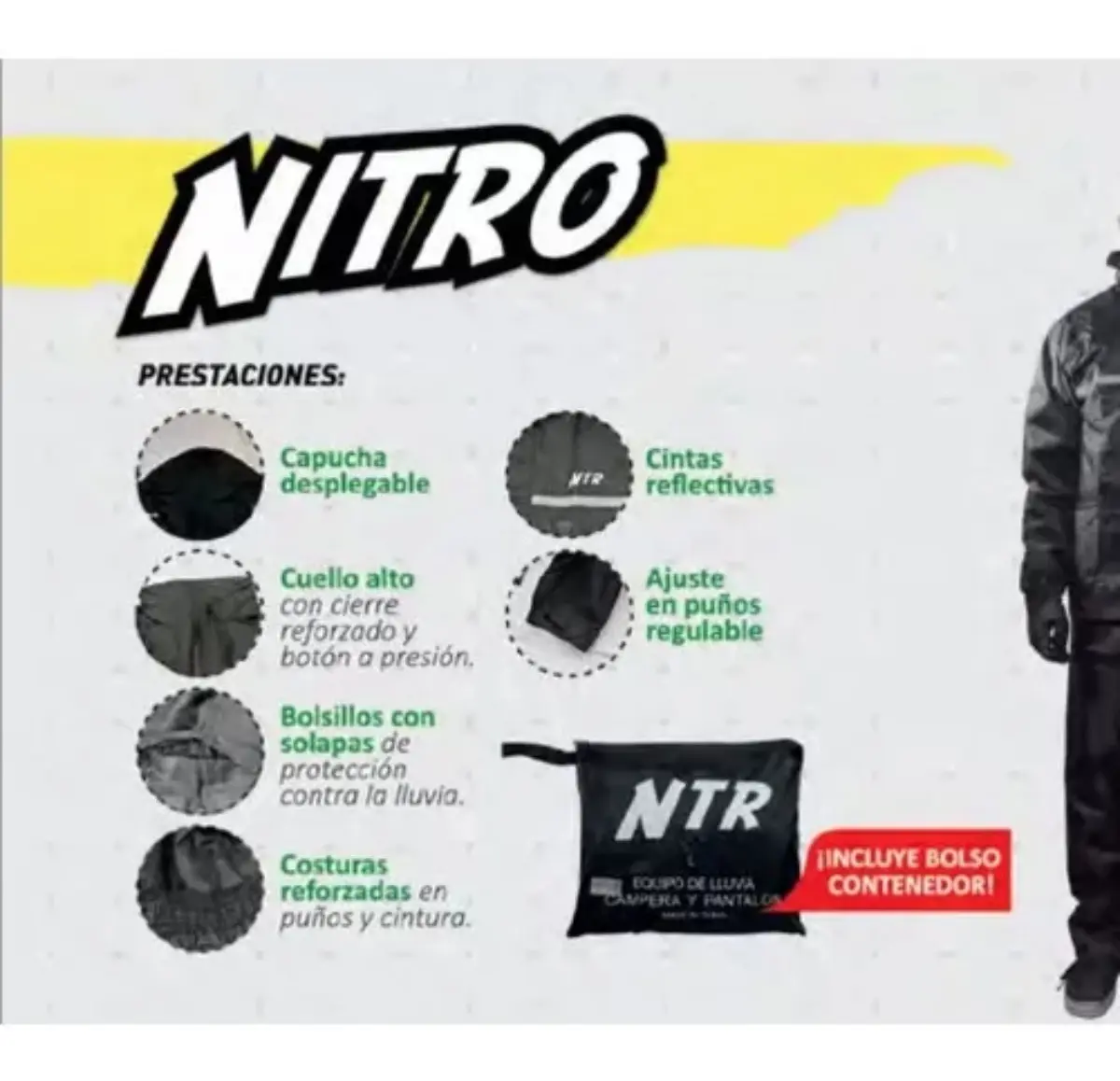 Traje Lluvia Moto Nitro Bolsillos Exteriores Nylon Capucha - Imagen 6